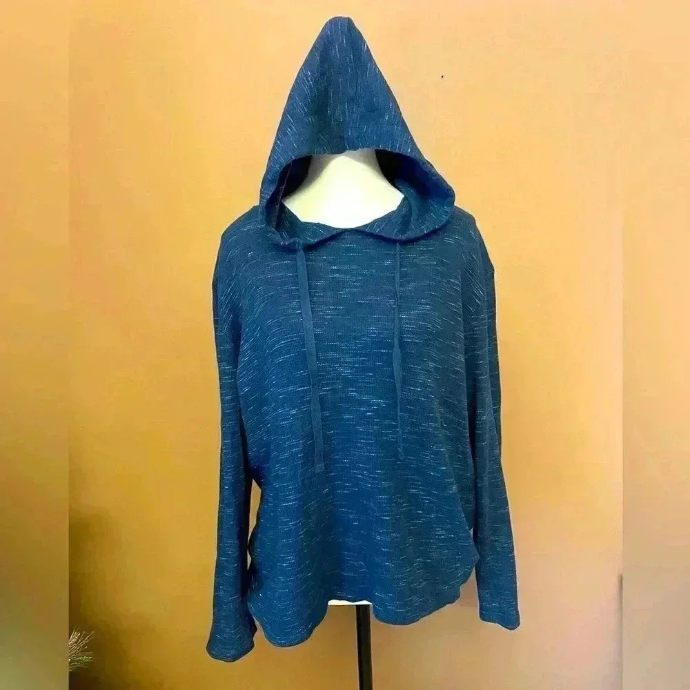 Rustic Souls Waffle Knit Pullover Hoodie Navy Blue Heathered Sweatshirt L